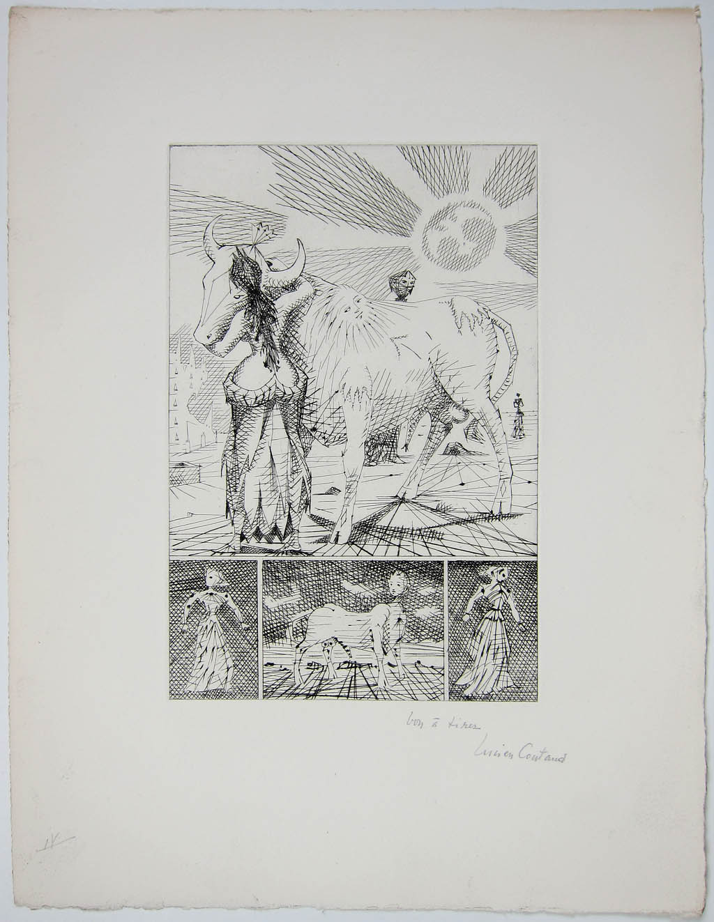 Lucien Coutaud - Le Taureau Blanc - plate III (bon a tirer) - 1956 etching